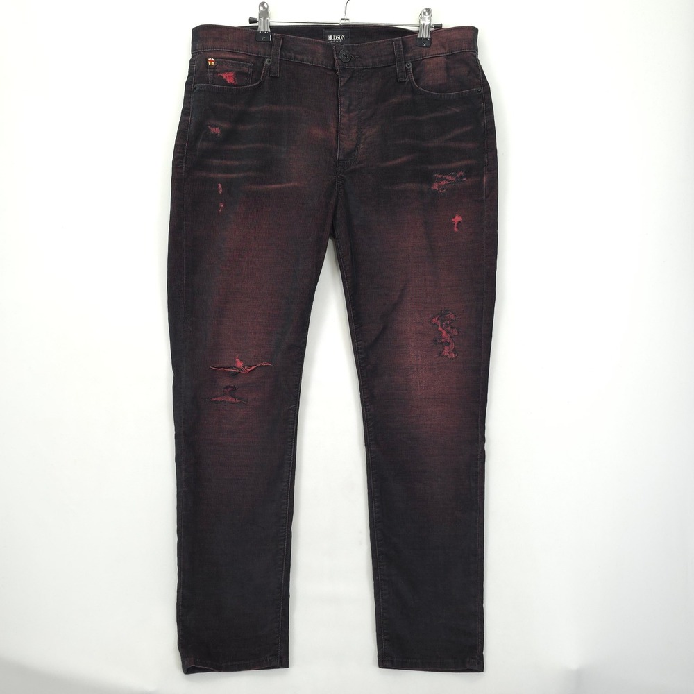 Hudson Jeans Women 29 Jude Slouch Skinny Burgundy Distressed‎ Corduroy Pants